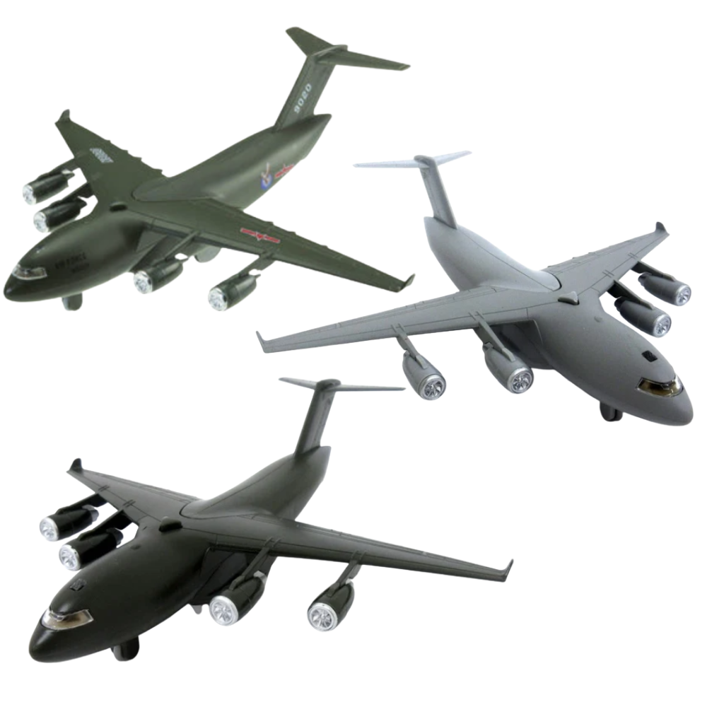 Three model airplanes in green, gray, and black on a white background