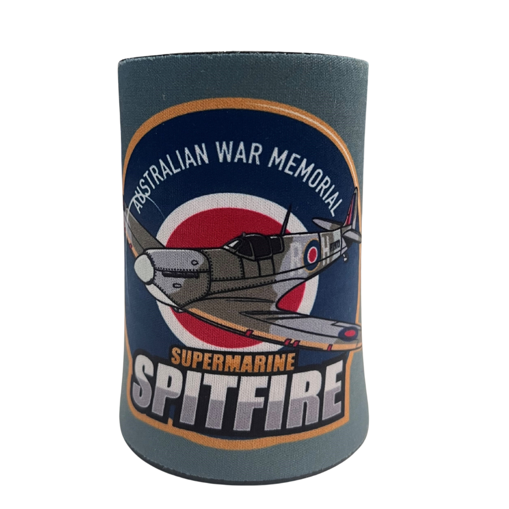 Can cooler with Supermarine Spitfire design and Australian War Memorial text on a white background