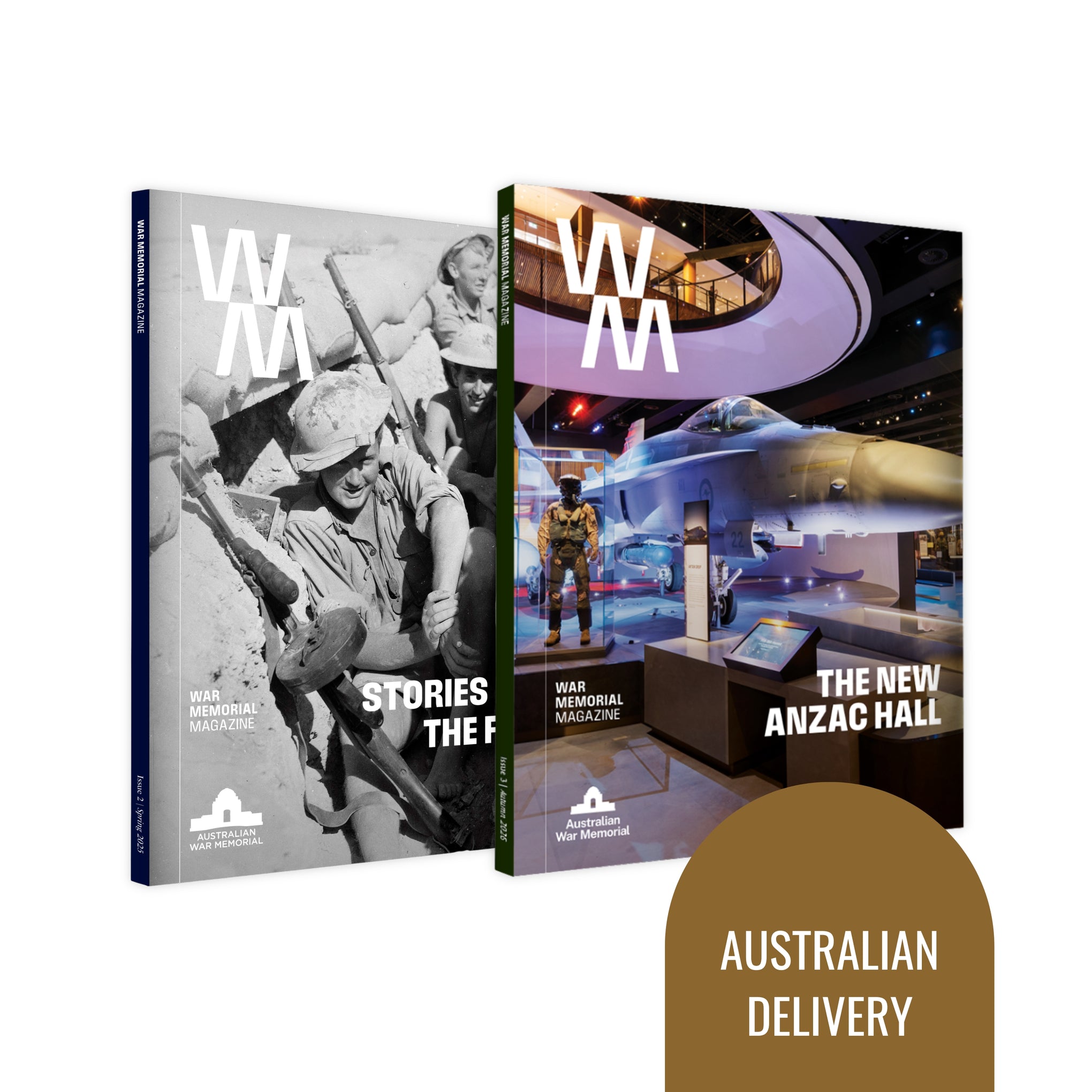 Two copies of the WM: War Memorial Magazine (Issues 2 and 3) accompanied by a graphic tile reading "Australian Delivery".