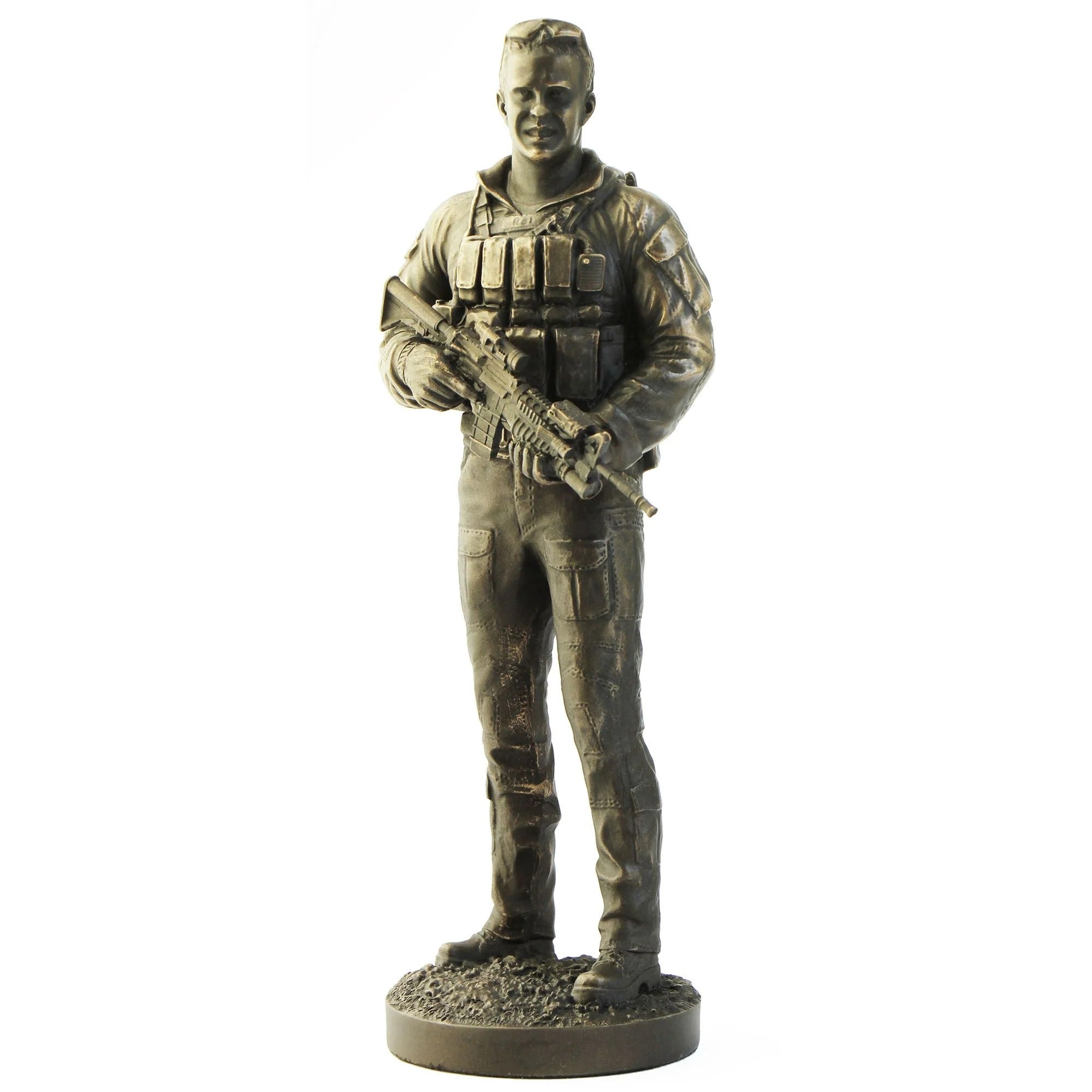 Bronze statue of a soldier holding a rifle on a white background