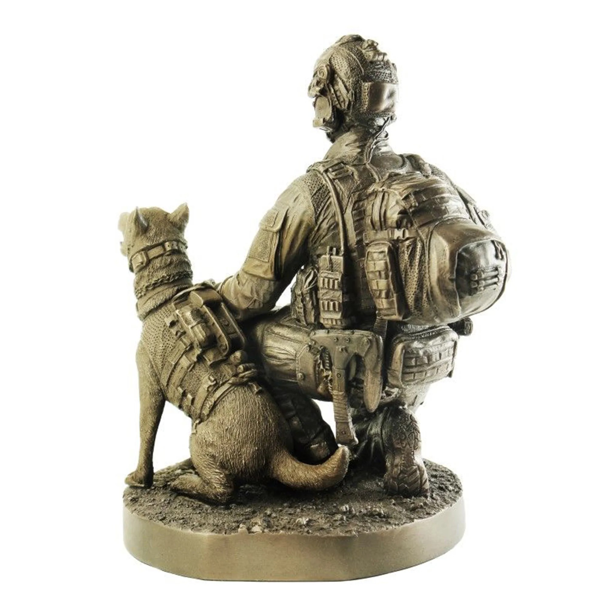 Bronze statue of a soldier and dog in tactical gear on a white background