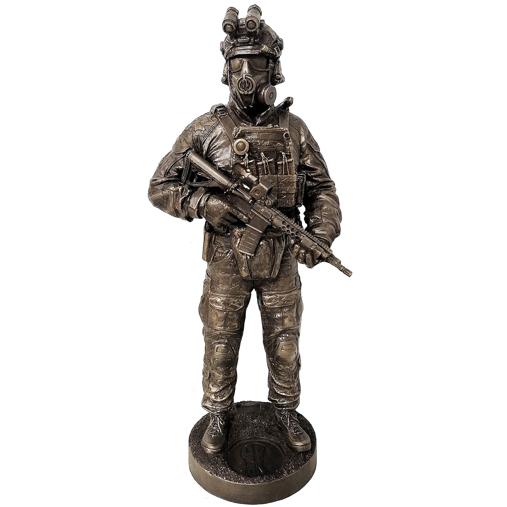 Bronze statue of a soldier with a rifle on a white background