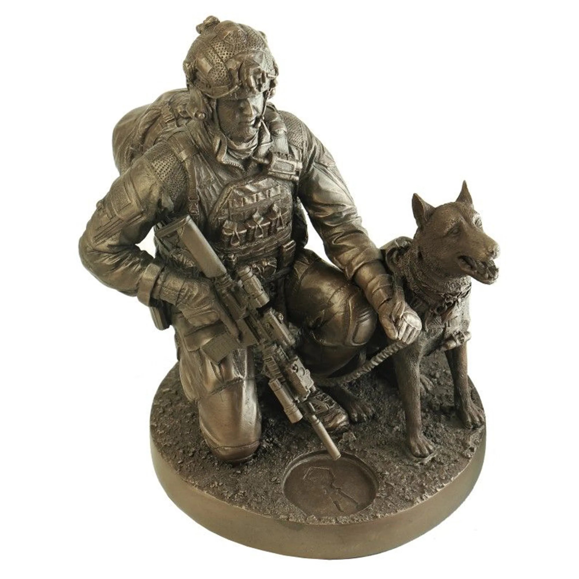 Bronze statue of a soldier with a dog on a white background
