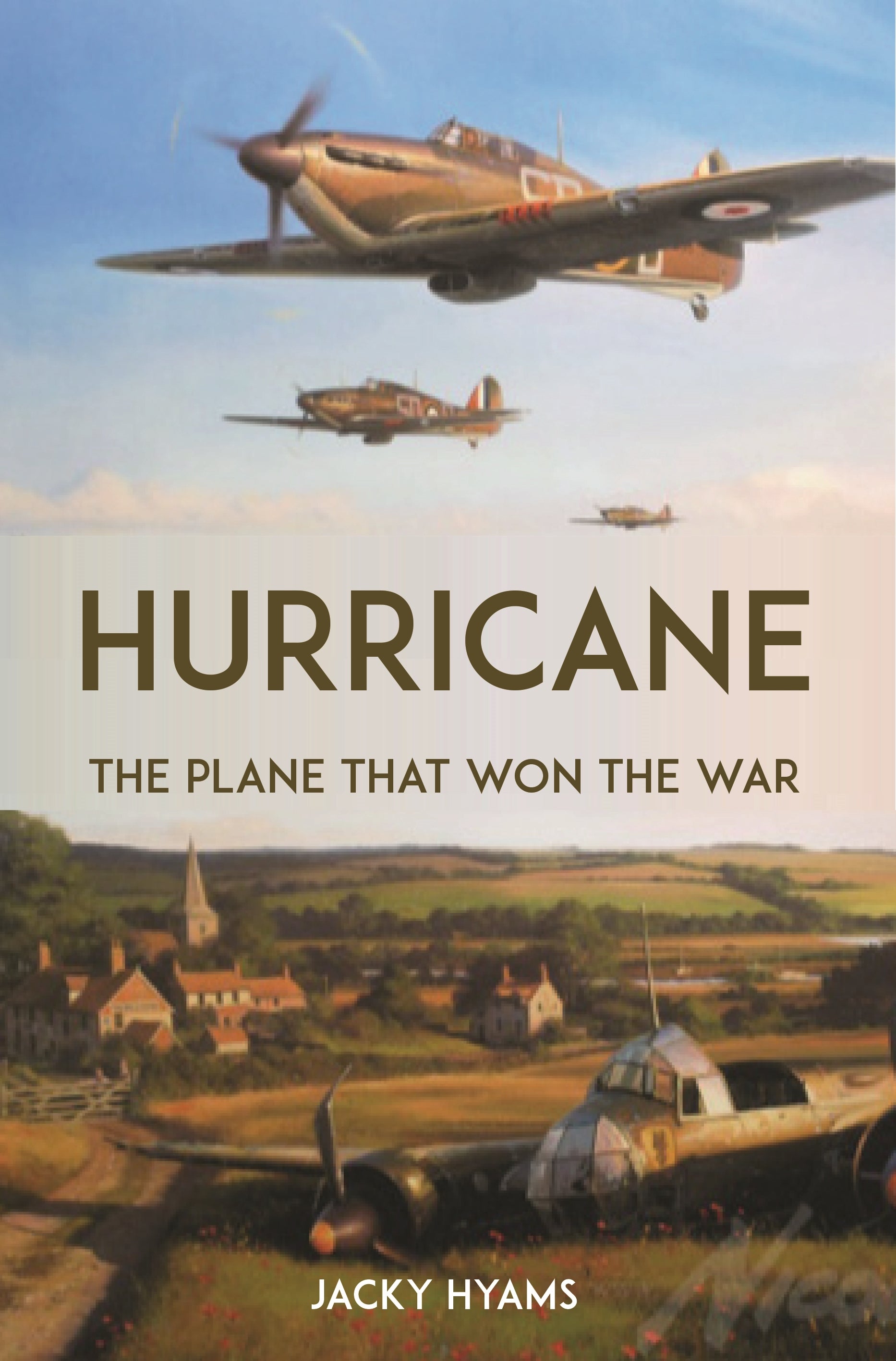 Book cover of 'Hurricane: The Plane That Won the War' with vintage airplanes and landscape.