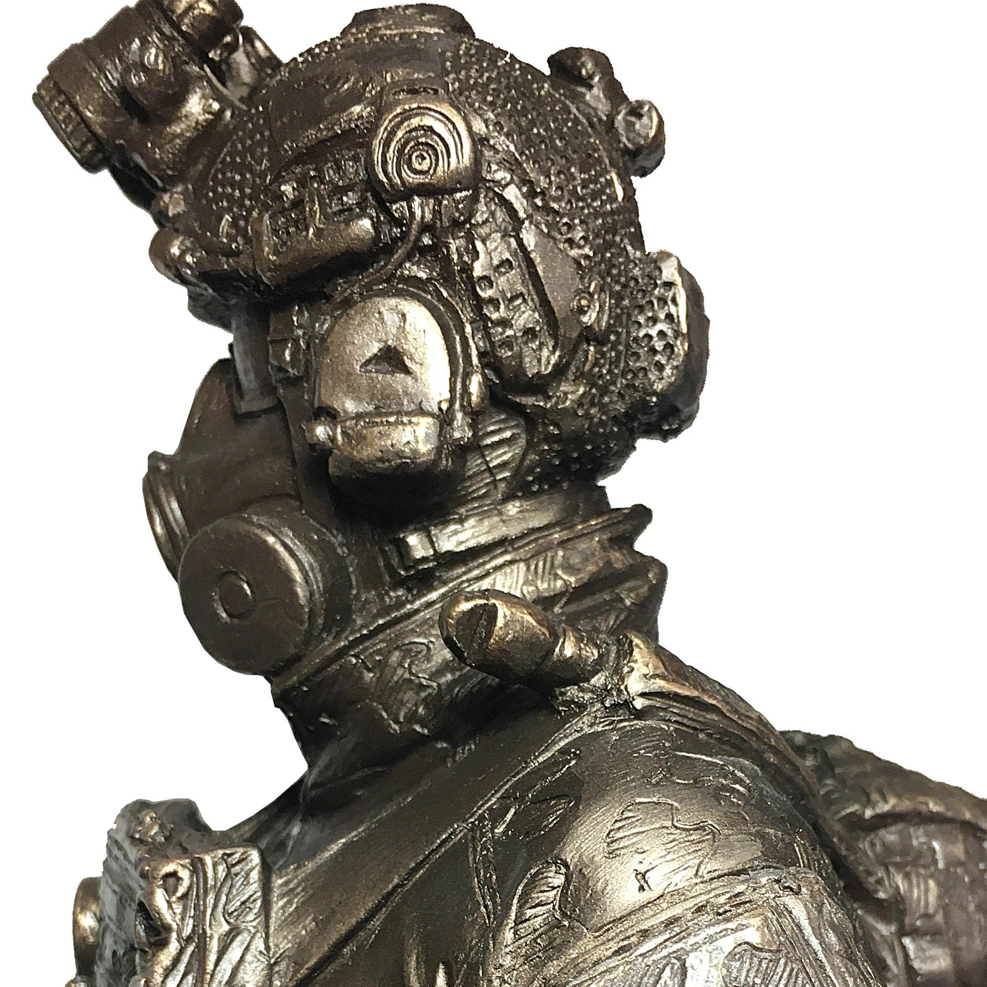 Metallic diving suit with intricate details on a white background