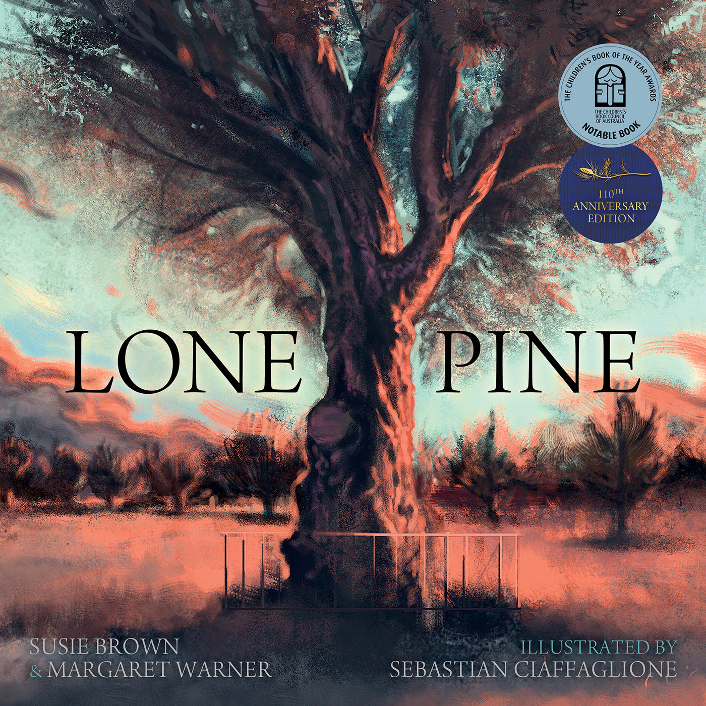 Book cover of 'Lone Pine' with a large tree and sunset landscape.