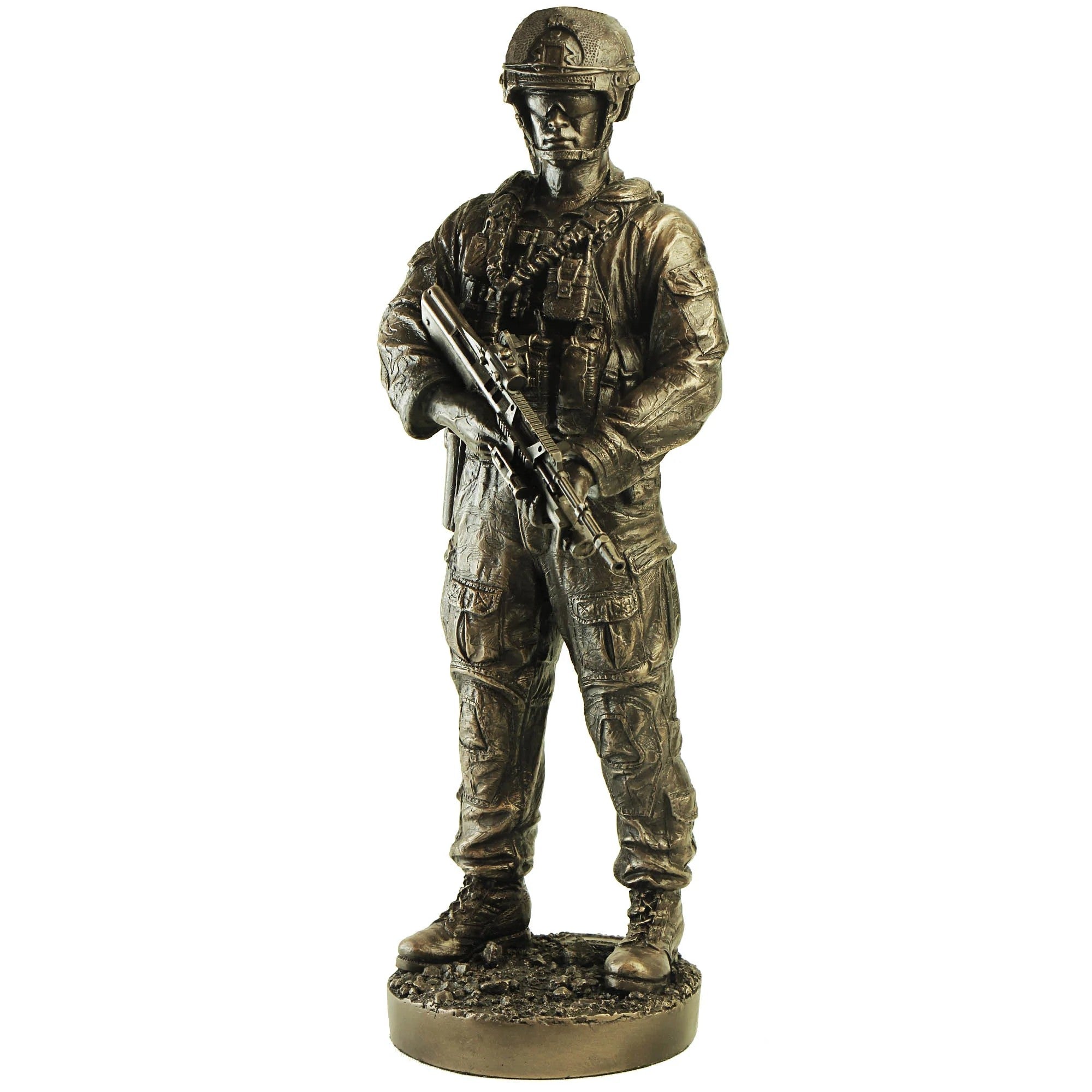 Bronze statue of a soldier holding a rifle on a white background
