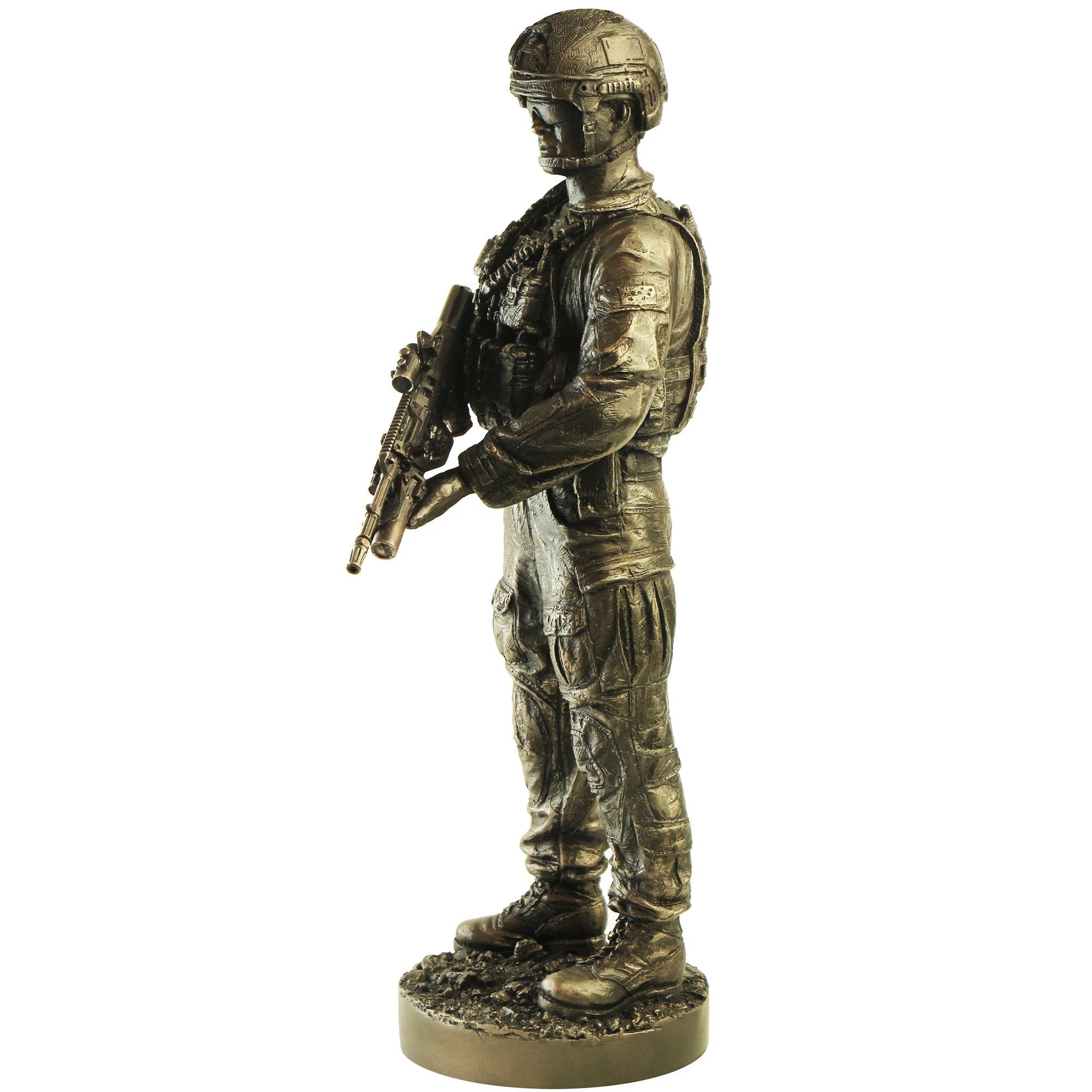 Bronze statue of a soldier holding a rifle on a white background