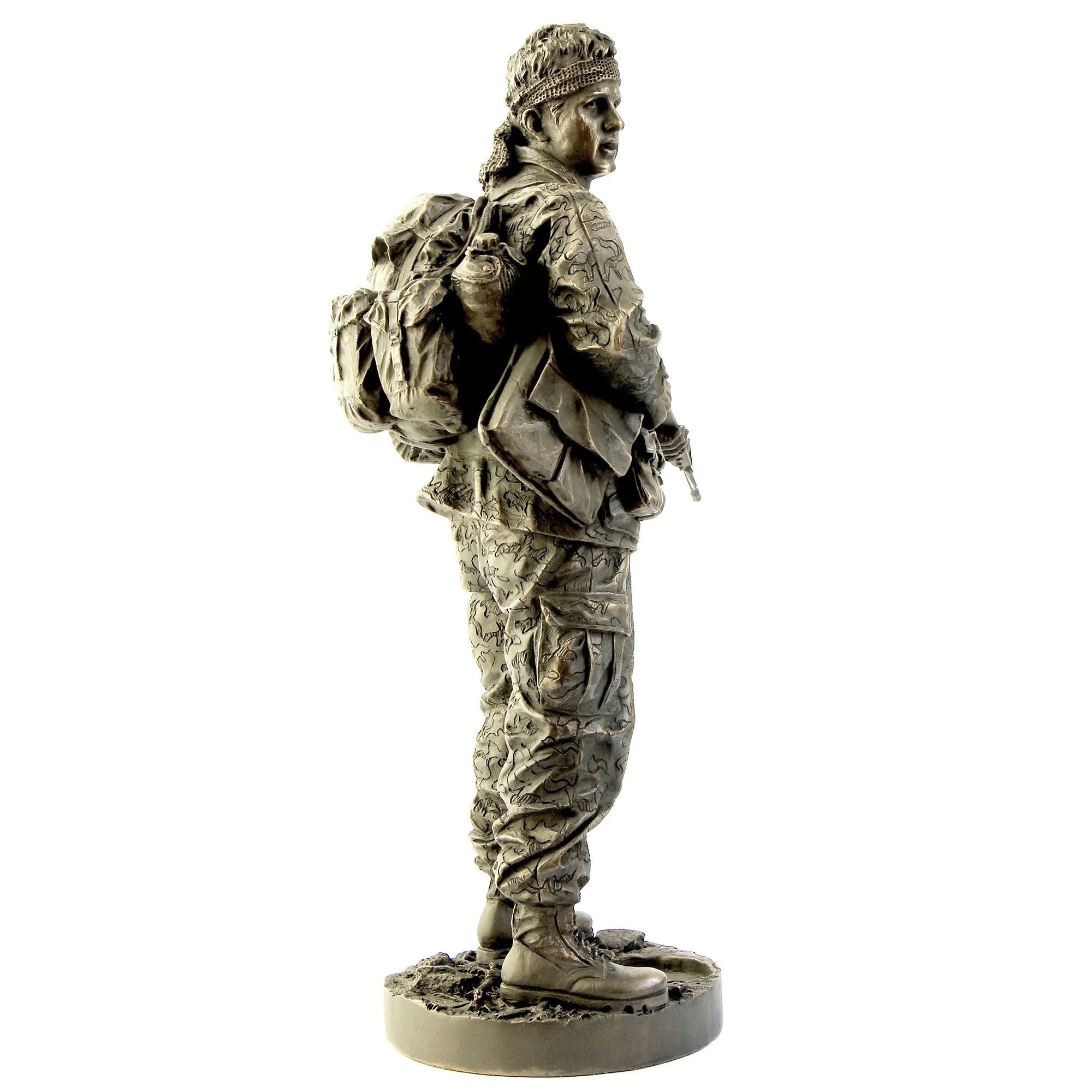 Statue of a soldier with a backpack on a white background