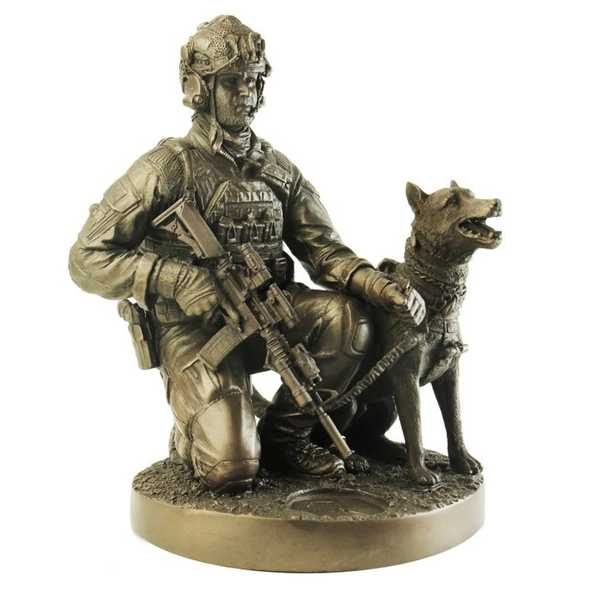 Bronze statue of a soldier with a dog on a white background